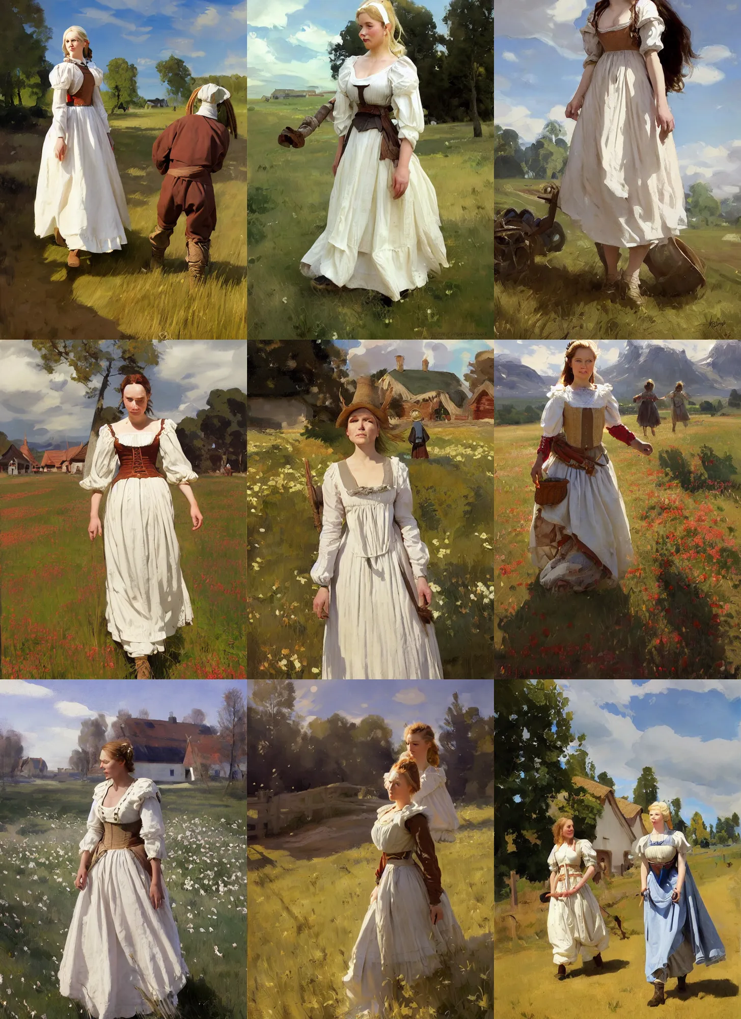 Prompt: finnish norwegian scandinavian attractive village maiden wearing 1 7 th century bodice walking in the field in a sunny day, jodhpurs greg manchess painting by sargent and leyendecker, studio ghibli, fantasy, medium shot, asymmetrical, intricate, elegant, matte painting, illustration, hearthstone, by greg rutkowski, by greg tocchini, by james gilleard