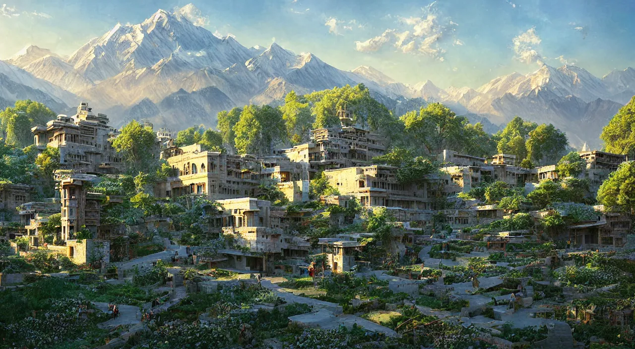 Image similar to retrofutristic city under kashmir mountains, khanqah - e - muala, little wood bridge, painting of tower ivy plant in marble late afternoon light, wispy clouds in a blue sky, by frank lloyd wright and greg rutkowski and ruan jia