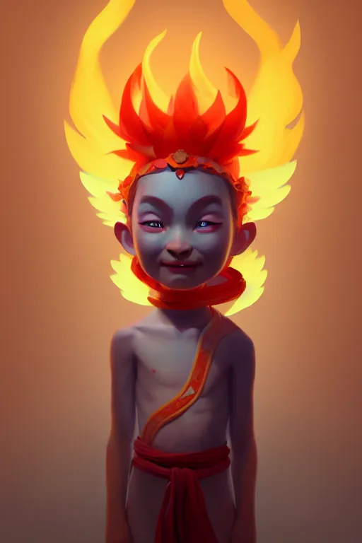 Prompt: super cute Bioluminescent Fire deity character concept, single head, no double head, soft light, soft mood, realistic body features and face, illustration, painting oil on canvas by Elena Zhurikhina and Goro Fujita and Charlie Bowater, octane render trending on artstation, 4k, 8k, HD