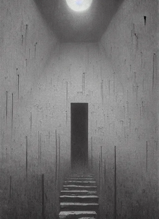 Image similar to an interior by zdzislaw beksinski, immaculate scale, dystopian surrealism, concept art, digital art, dark atmosphere