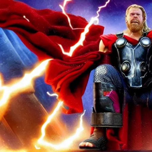 Prompt: Thor hit a hammer on Thanos head