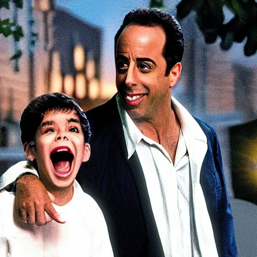 Image similar to Jerry Seinfeld with lots of scary looking realistic sharp pointy teeth, highly detailed movie still