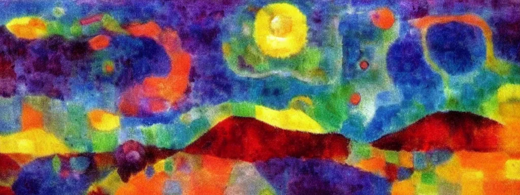 Image similar to Psychedelic sci-fi dreamworld. Landscape painting. Organic. Winding rushing water. Waves. Clouds. Emil Nolde. Paul Klee.