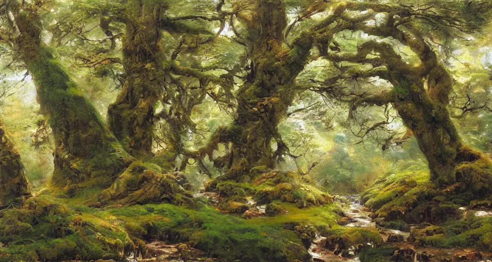 Prompt: ancient oak forest, mossy rocks, stream, oil painting, vivid colors, brush strokes, elegant, highly detailed, by richard schmid and john singer sargent