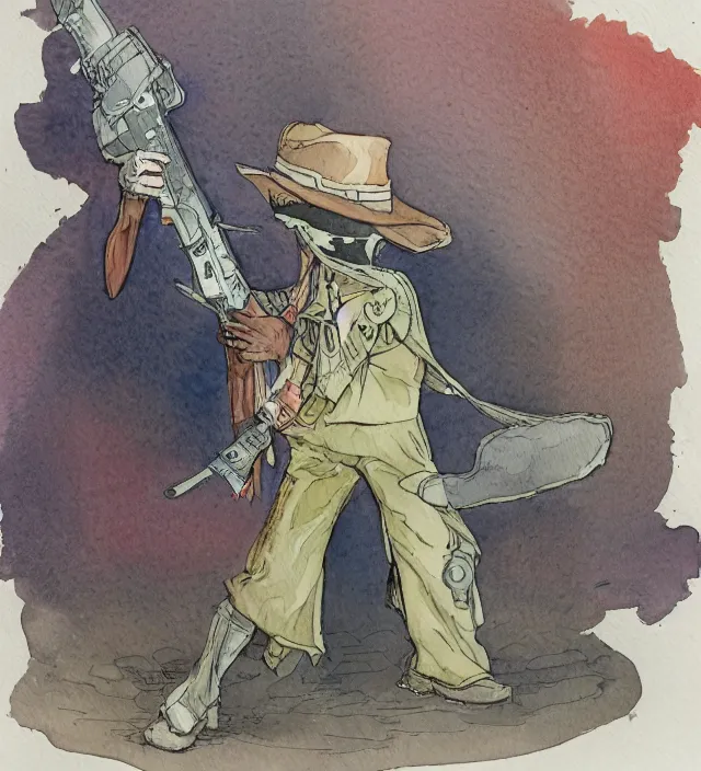 Prompt: a 3 / 4 view watercolor ink painting of an anthropomorphic bunny gunslinger posing with their revolver - rifle in the style of jean giraud in the style of moebius trending on artstation deviantart pinterest detailed realistic hd 8 k high resolution