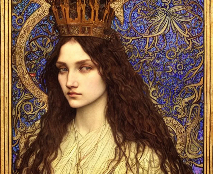Image similar to detailed realistic beautiful young medieval queen face portrait by jean delville, alphonse mucha, vincent van gogh, and marco mazzoni, art nouveau, symbolist, visionary, gothic, pre - raphaelite