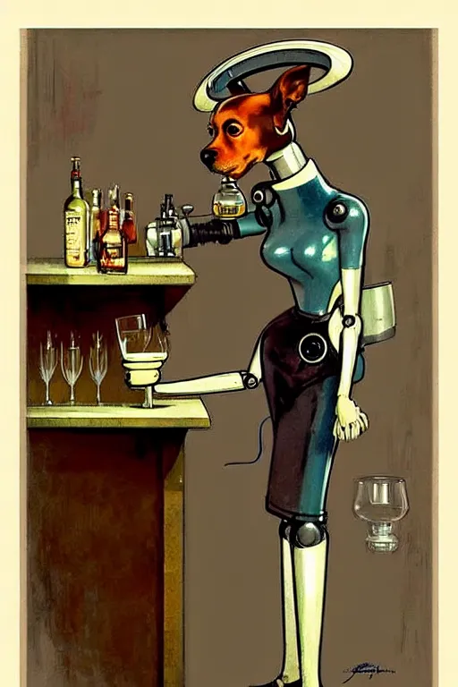 Image similar to ( ( ( ( ( 1 9 5 0 s retro future robot android bartender behind a bar dog. muted colors. ) ) ) ) ) by jean - baptiste monge!!!!!!!!!!!!!!!!!!!!!!!!!!!!!!