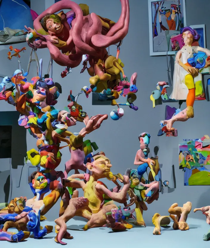 Image similar to a claymation film still of a contemporary sculpture / collection / contemporary art / gallery / museum / claymation by jeff koons and bruce bickford