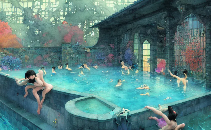 Image similar to swimming pool, fantasy. intricate, amazing composition, colorful watercolor, by ruan jia, by maxfield parrish, by marc simonetti, by hikari shimoda, by robert hubert, by zhang kechun, illustration, gloomy