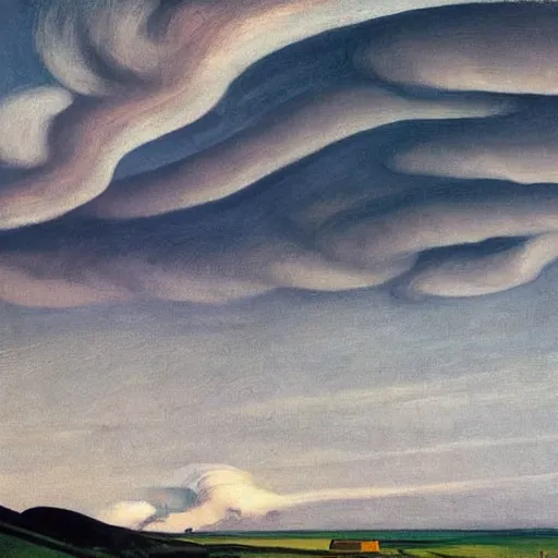 Image similar to dramatic landscape of donegal ireland after the storm, mammatus clouds and lenticular clouds, by edward hopper and giorgio de chirico