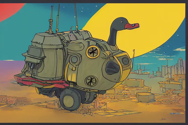 Image similar to illustration of a heavily armoured mechanical duck by studio ghibli, ominous, vivid colors, colorful