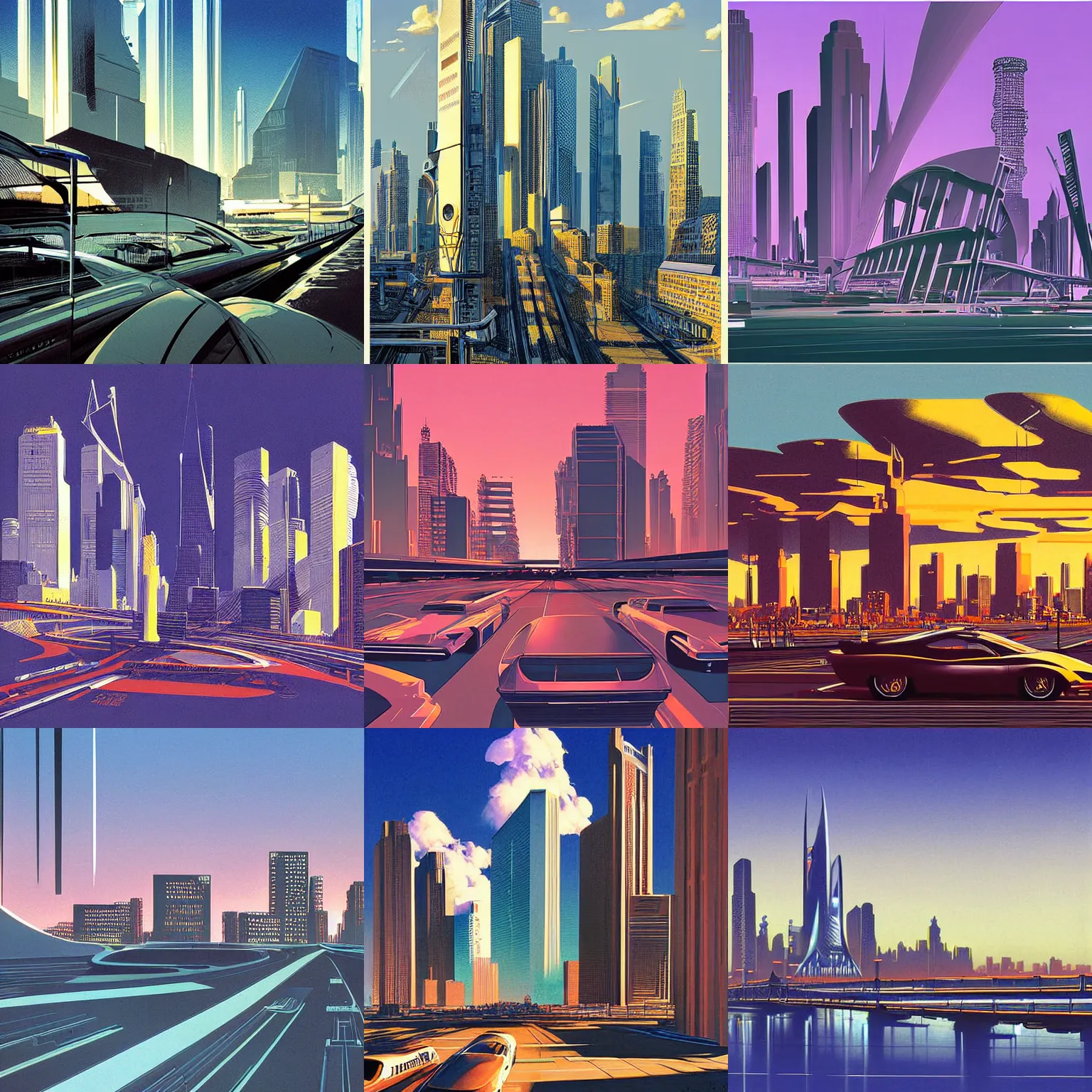 Prompt: digital art, detailed realistic illustration of a beautiful skyline by Syd Mead