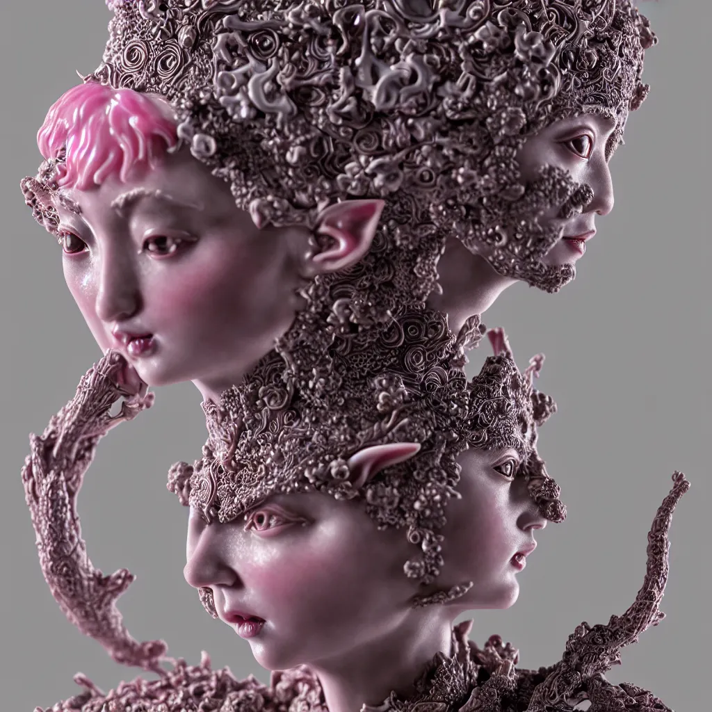 Prompt: A Close up photo-real delicate ceramic porcelain sculpture of an ornate detailed Elf in front of a intricate background by Victo Ngai and takato yamamoto, micro detail, backlit lighting, subsurface scattering, translucent, thin porcelain, octane renderer, neon lights, hot Pink and Black, physically based rendering, japanese pottery, trending on cgsociety