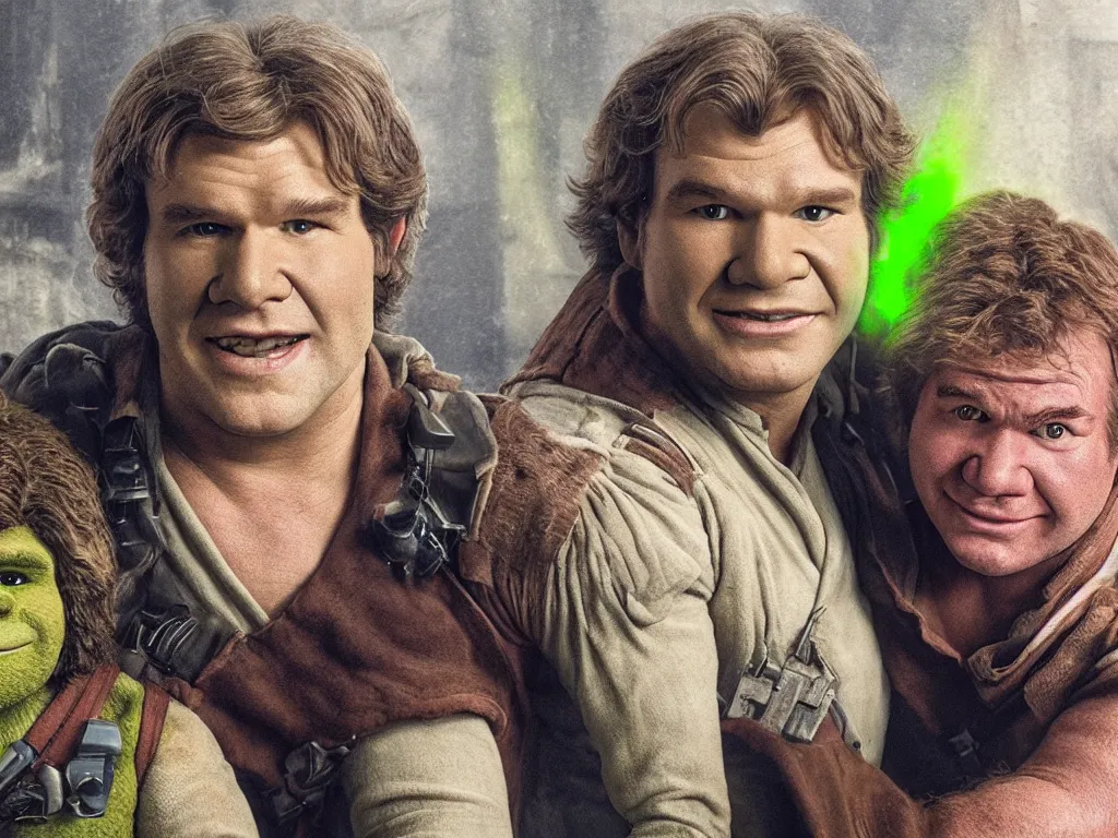 Image similar to portrait of Han Solo and Shrek, dressed the same with their arms around each other, friends, smiling