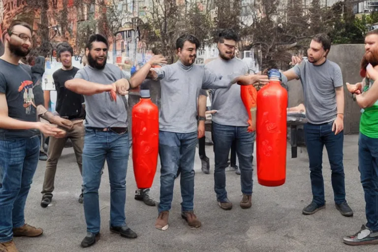 Prompt: a group of software engineers battle a giant Tabasco bottle