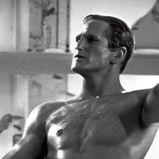 Prompt: a film still of paul newman as steve rogers in captain america ( 1 9 7 4 )