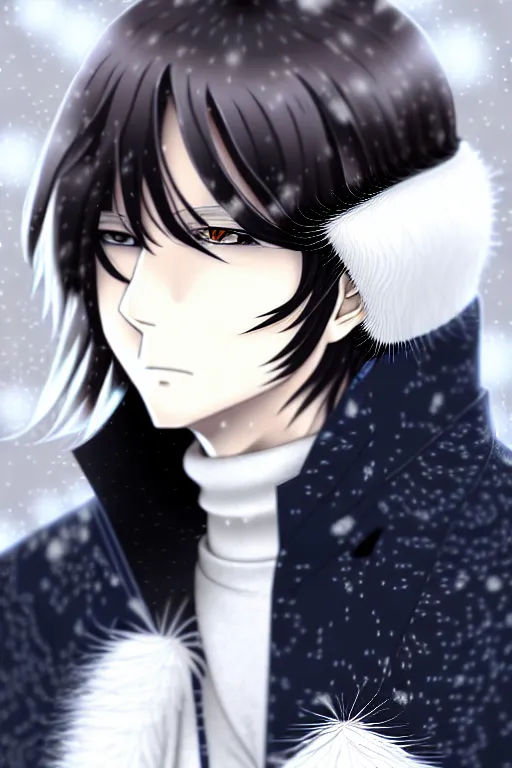 Image similar to anime portrait of a handsome man, dark long hair, side - swept bangs, wearing white fur coat in snow, ilya kuvshinov, anime, pixiv top monthly, trending on artstation, cinematic, danbooru, zerochan art, kyoto animation