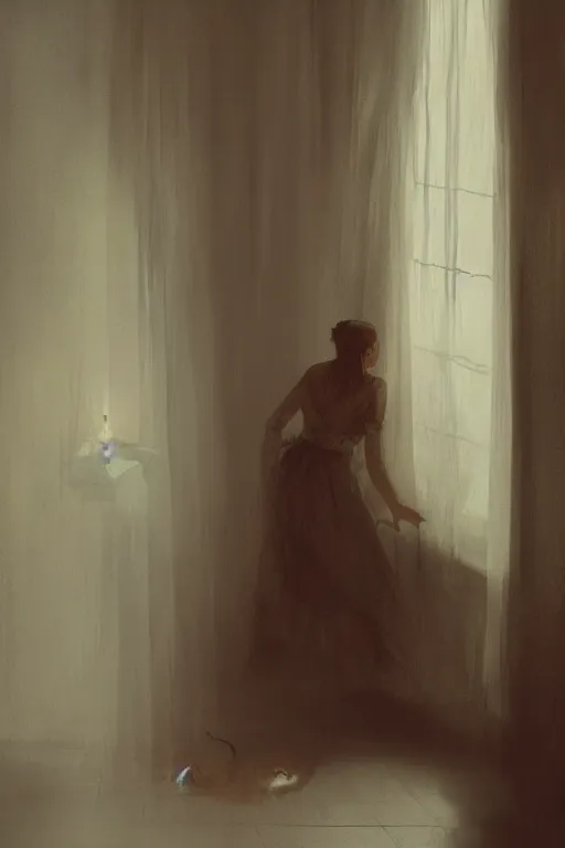 Image similar to Ghost in the bedroom, illustrated by Greg Rutkowski and Caspar David Friedrich., Trending on artstation, artstationHD, artstationHQ, 4k, 8k