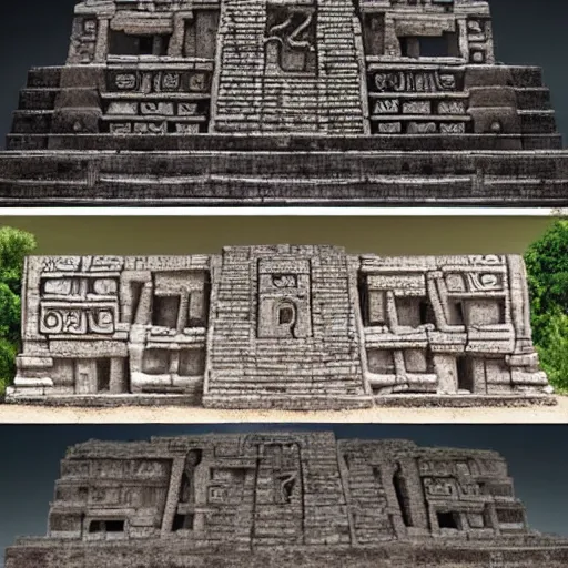 Image similar to 3/4 perspective, mayan influenced architecural painting of a hidden city with a large statue in the middle of a courtyard, artstation, highly detailed,