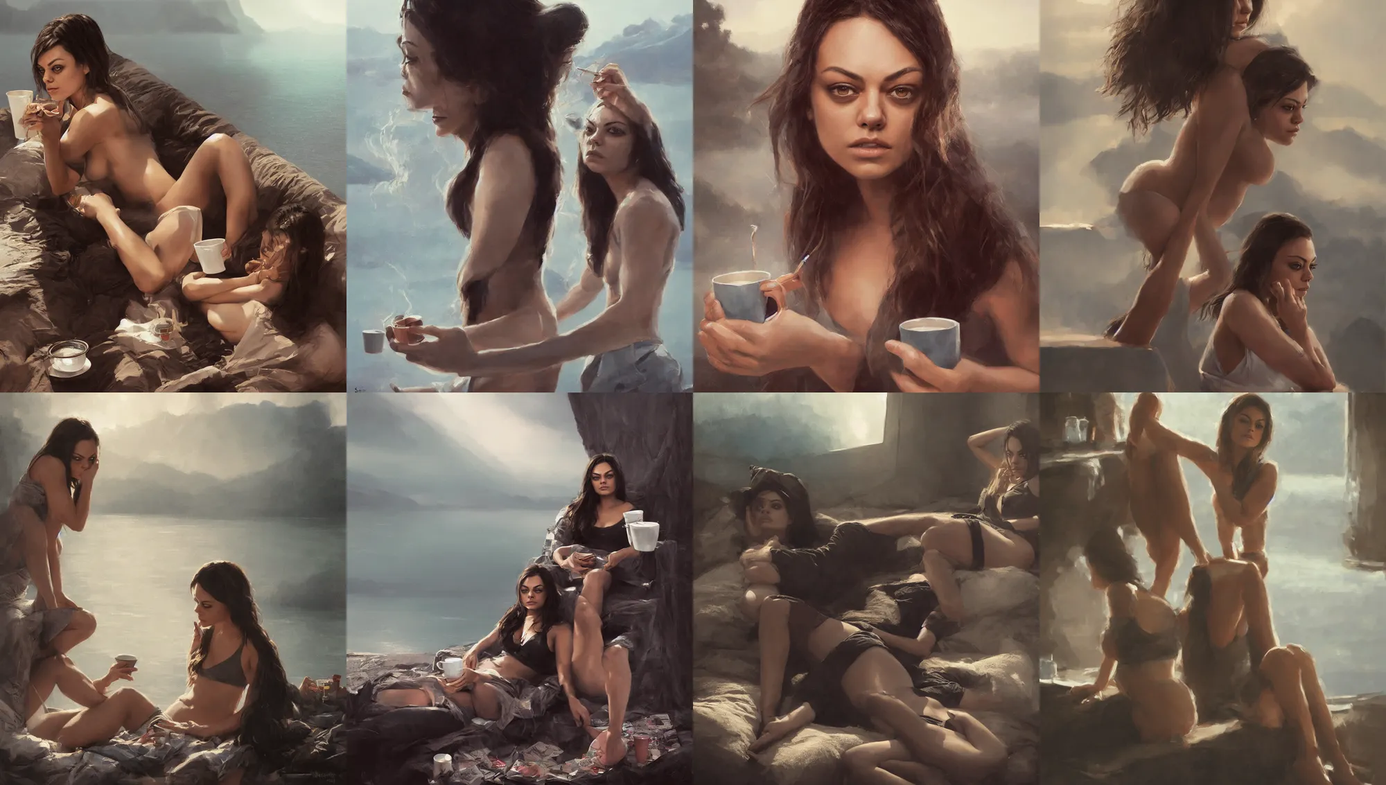 Image similar to mila kunis waking up with coffee and cigarettes, dramatic light, lake background, 2 0 0 mm focal length, 1 9 7 0 s, painted by stanley lau, painted by greg rutkowski, painted by stanley artgerm, digital art, trending on artstation