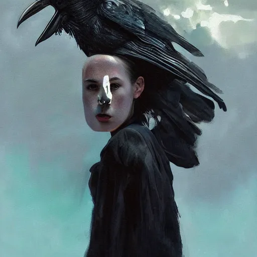 Image similar to morning, a woman in a black dress with a raven head. no face. sun, cinematic, clouds, vogue cover style, contracting colors mood, realistic painting, intricate oil painting, high detail, figurative art, multiple exposure, poster art, 3 d, by simon bisley, ismail inceoglu, wadim kashin, filip hodas.