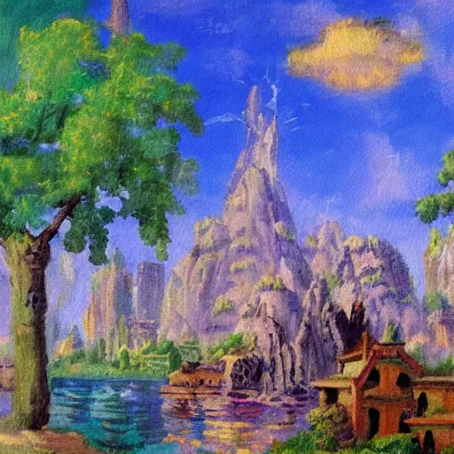 Image similar to impressionist painting of a utopian stone city with dinosaurs