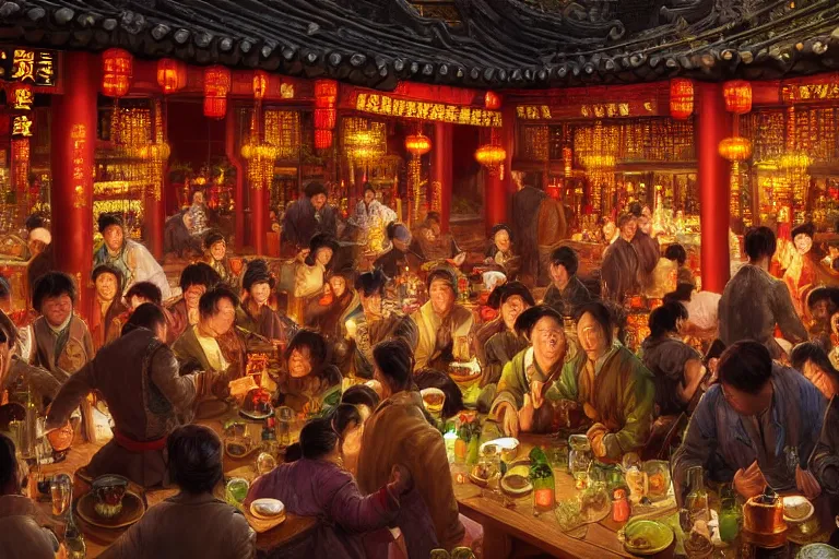 Image similar to fantasy art of a bustling tavern in china, at night, by james c christensen, highly detailed digital art, trending on artstation