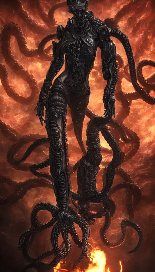 Prompt: woman with straight black hair and leather jacket walking towards the camera, lovecraftian hellscape, 8 intricate golden tenticles, soldiers and mech fight, mass effect, ultra detailed, face enhance, explosions and smoke