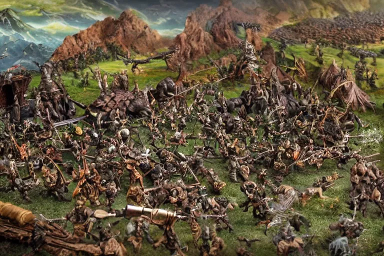 Image similar to photo taken of an epic intricate, ultra detailed miniature modular, battlefield diorama created by weta workshop, zoomed in shots focussing an army of high elves battling a horde of orcs, with highly detailed exquisitely painted 3 d printed characters, cinematic wide shot, photorealistic, sharp focus, f 0. 4, golden ratio, golden hour