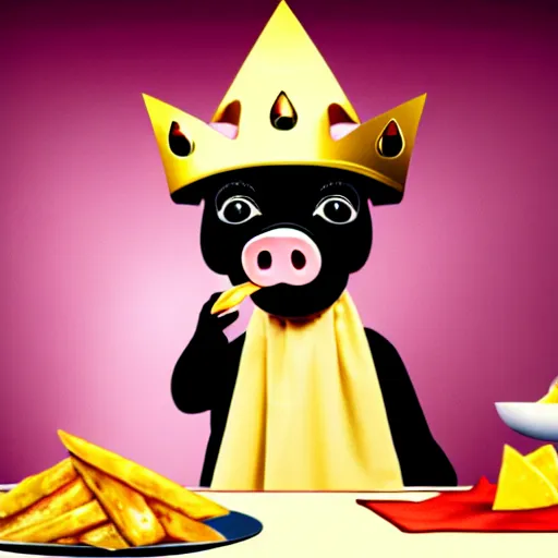 Prompt: realistic photo of a cute puppet pig wearing a gold crown eating cheese wedges at a table with a bib on, high quality, cinematic concept art