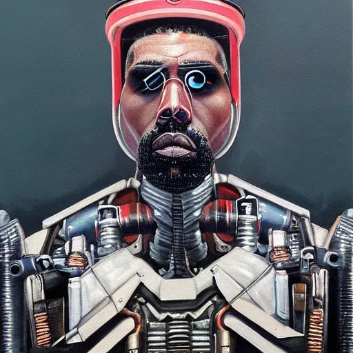 Image similar to a realistic oil painting of a cybernetic kanye west cyborg, surrealism portrait, post apocalyptic album cover