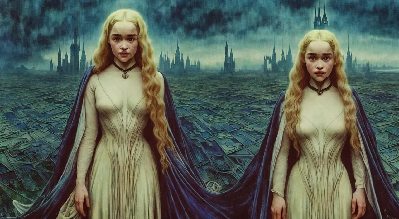 Image similar to realistic detailed portrait movie shot of a young woman who is a mix of emilia clarke and dove cameron wearing dark robes, sci fi city landscape background by denis villeneuve, amano, yves tanguy, alphonse mucha, ernst haeckel, max ernst, roger dean, masterpiece, rich moody colours, blue eyes, occult