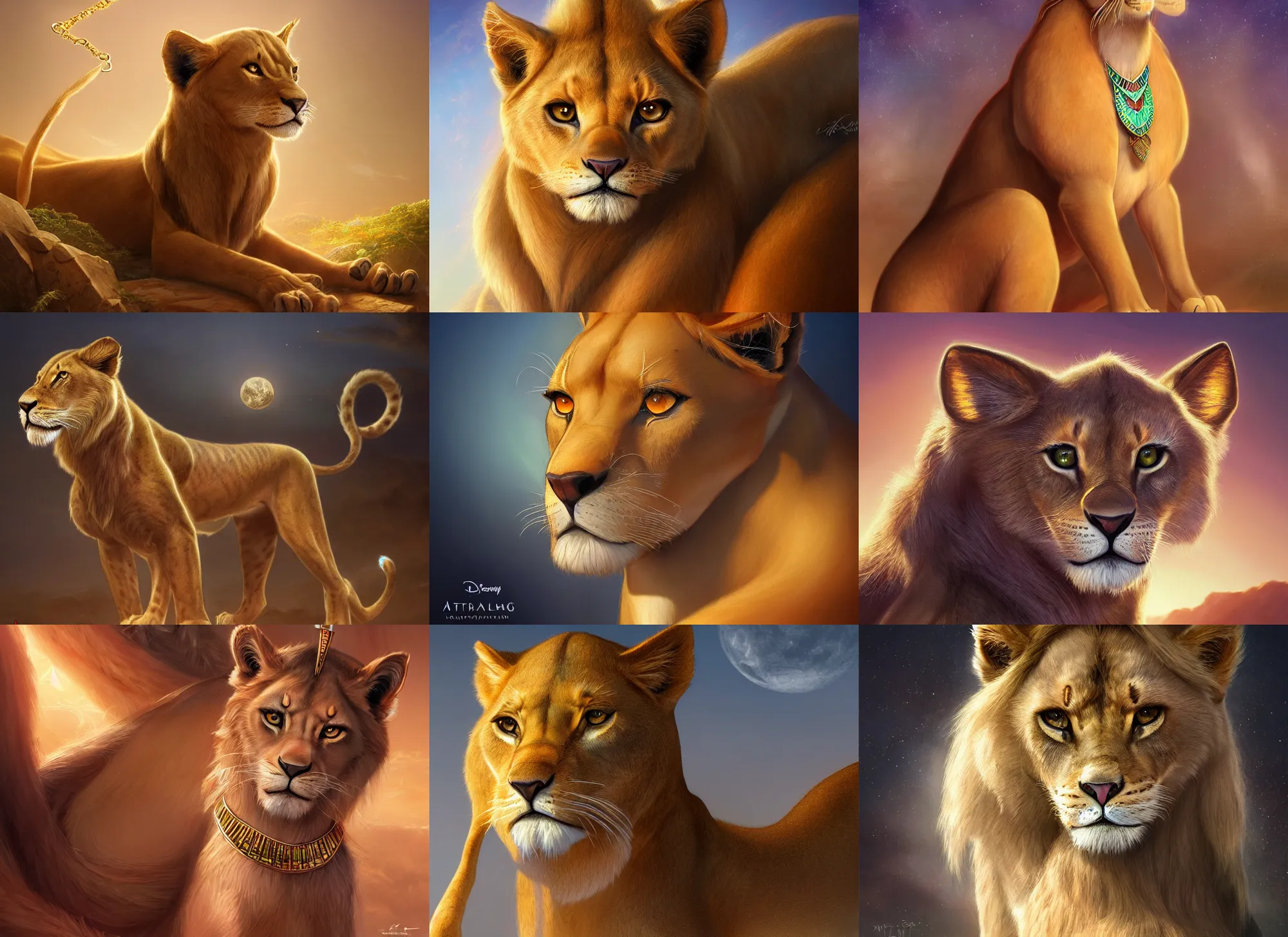 Prompt: fullbody beautiful detailed character design of a feral feline wearing egyptian necklace, egyptian jewelry. deviantart lioness adoptable, character concept artwork professional, portrait studio lighting by artgerm, jessica rossier in the style of disney, the lion king, artstation deviantart