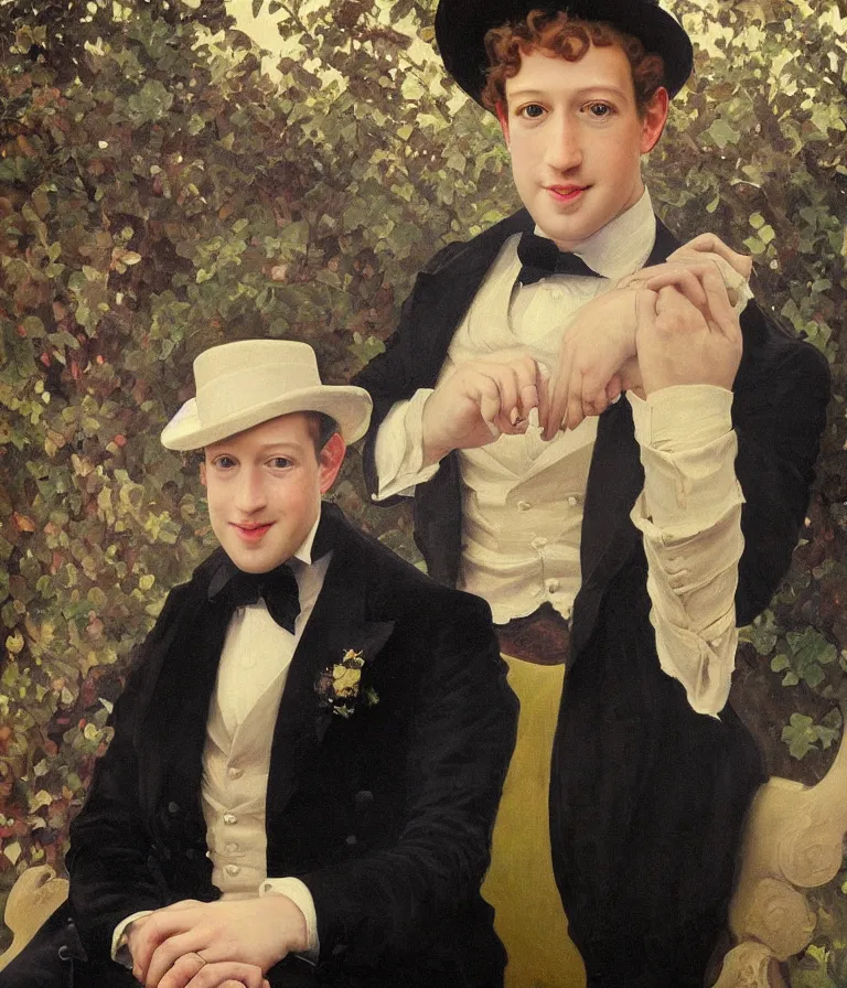 Prompt: Beautiful!! portrait of Mark Zuckerberg as an Edwardian dandy wearing a Velvet suit and a Top Hat on a park Bench painted by Alphonse Mucha and arnold böcklin and Maxfield Parrish, hyperrealistic oil painting trending on artstation 8k