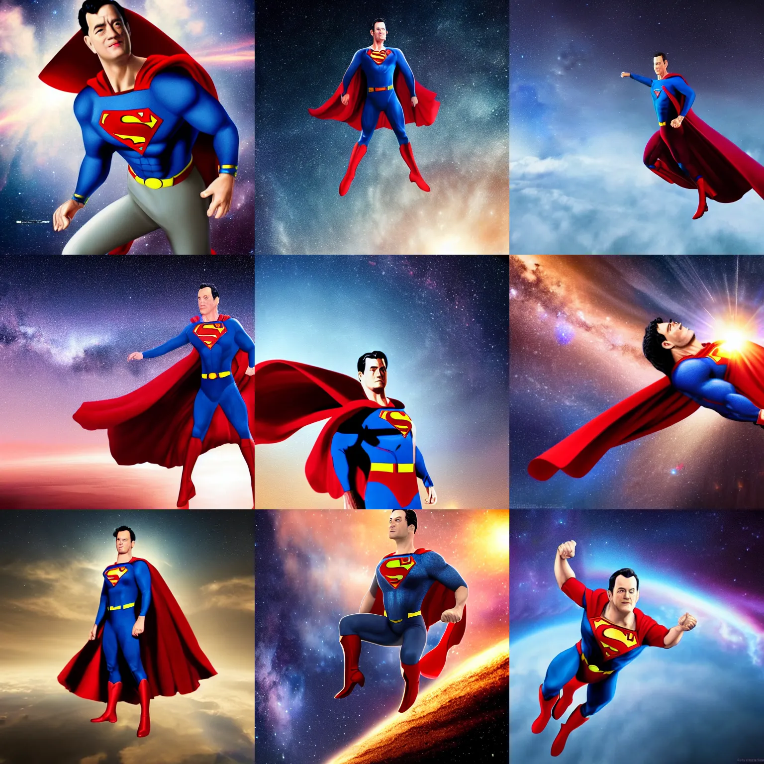 Prompt: tom hanks as superman, flying over the milky way, epic digital art, cinematic, trending on artstation, superb detail 8 k masterpiece