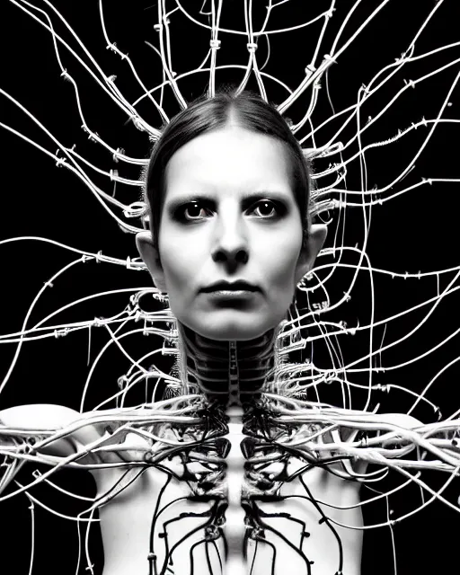 Image similar to black and white cyborg - plant goddess high quality photo, microchip, artificial intelligence, bio - mechanical bio - luminescence, black wired cables, neurons, nerve cells, cinematic, rim light, photo - realistic, high detail, 8 k, masterpiece, high fashion, in the style of steven meisel dora maar h. g. giger