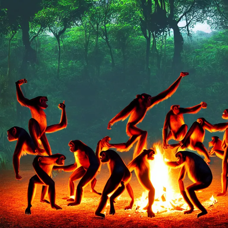 Image similar to real life 1 2 chimpanzees dancing in circle, bonfire in center, a jungle, cinematic, volumetric lighting, vivid colours, long evil shadows, f 8 aperture, cinematic eastman 5 3 8 4 film, photorealistic