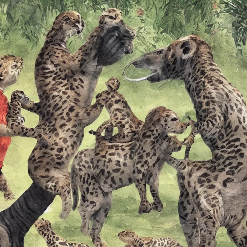 Image similar to small child swung between a mommy and a daddy at a zoo, award winning illustration by Don Freeman