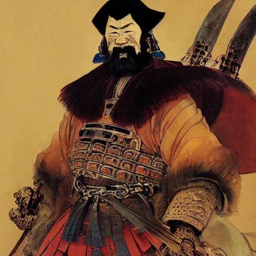 Prompt: a portrait of a Shogun Warlord, digital painting by Frank Frazetta, by Rembrandt, by Moebius, by Hayao Miyazaki, intricate detail, masterpiece, work of art, phenomenal, beautiful, gorgeous