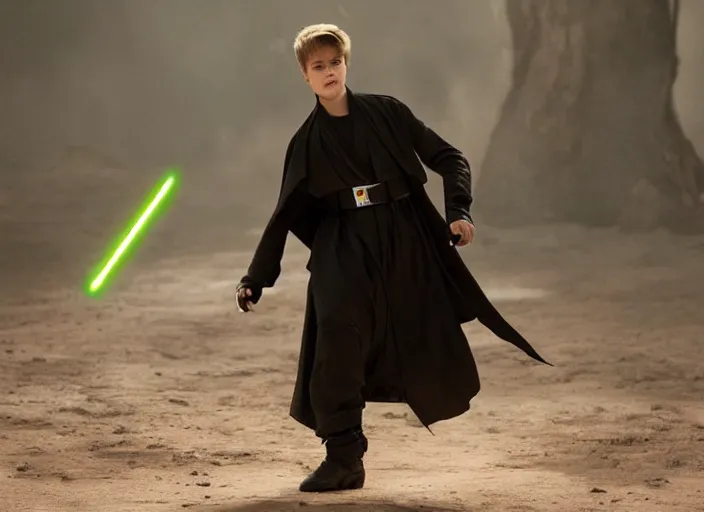 Image similar to justin bieber plays anakin skywalker in the live action remake of star wars revenge of the sith, 3 5 mm photography, highly detailed, cinematic lighting, 4 k