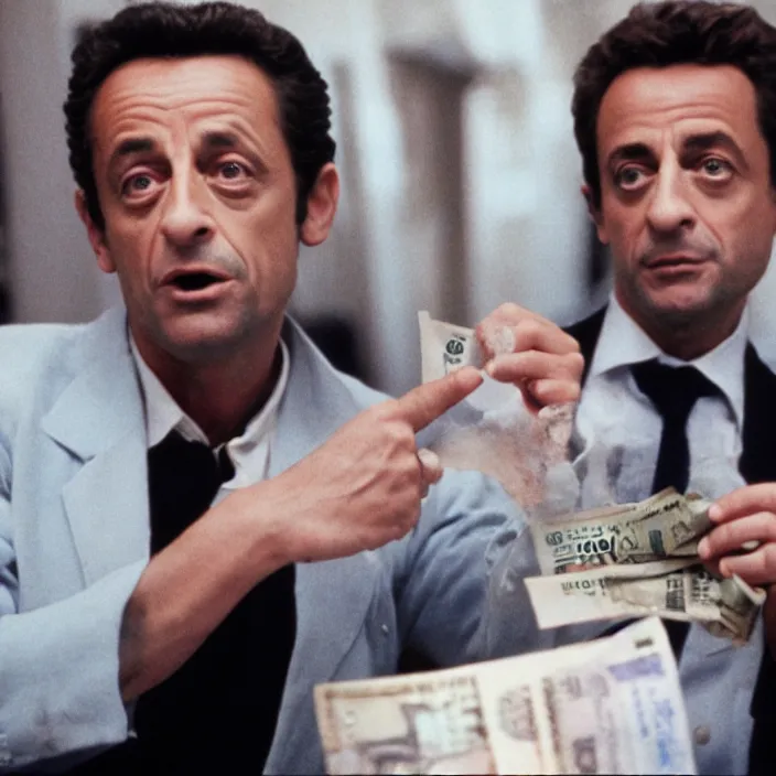 Prompt: movie still of Nicolas Sarkozy with cocaine and bank notes in Scarface, cinestill 800t 18mm heavy grain, 70s movie