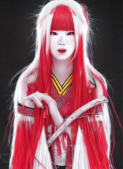 Prompt: albino maiko with very long kawaii hair, fluent composition, red and white neon, concept art, ambient light, 4 k, intricate details, highly professionally detailed, cgsociety, highly detailed -