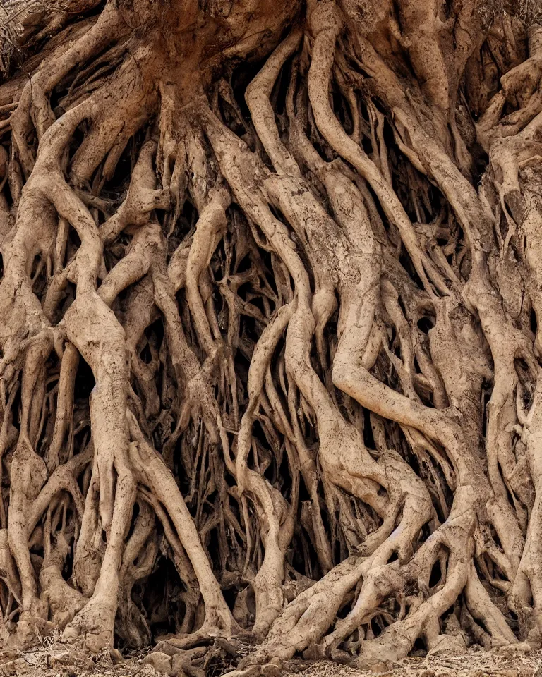 Prompt: Book cover of a giant mythical wretched tree made of human flesh, limbs and bones growing in the middle of a desert canyon seen from afar.