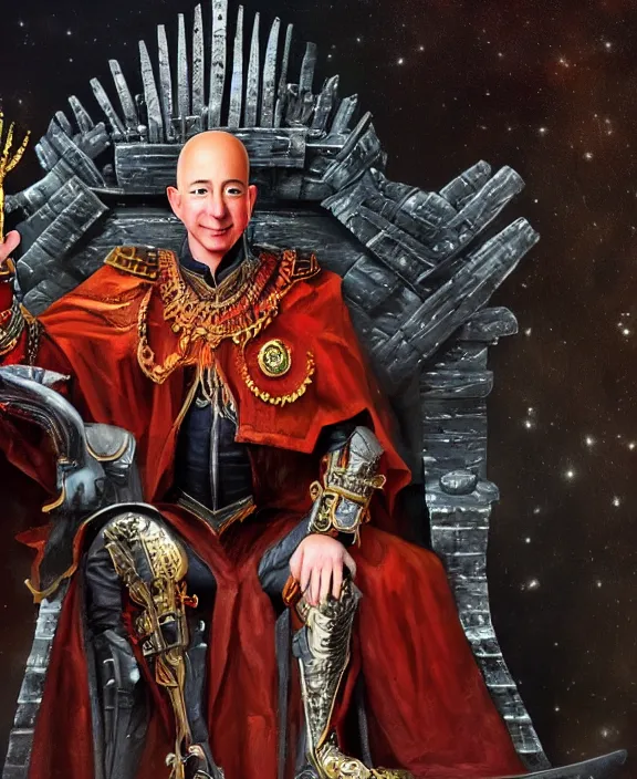 Prompt: a vivid fantasy portrait of jeff bezos sitting on a dark throne