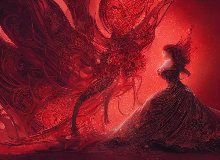 Image similar to woman in love sit upon a scarlet coloured beast, pain, royal dress, light effect, hyper detailed, intricate, atmospheric, elegant, highly detailed, digital painting, artstation, concept art, matte, sharp focus, illustration, by james jean, andrei riabovitchev, marc simonetti, yoshitaka amano