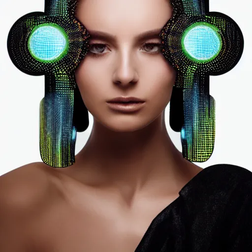 Prompt: portrait of a beautiful futuristic woman layered with high-tech jewelry wrapping around her face and head, 2067