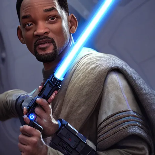 Image similar to will smith as a jedi, starwars, hyper detailed, digital art, trending in artstation, cinematic lighting, studio quality, smooth render, unreal engine 5 rendered, octane rendered