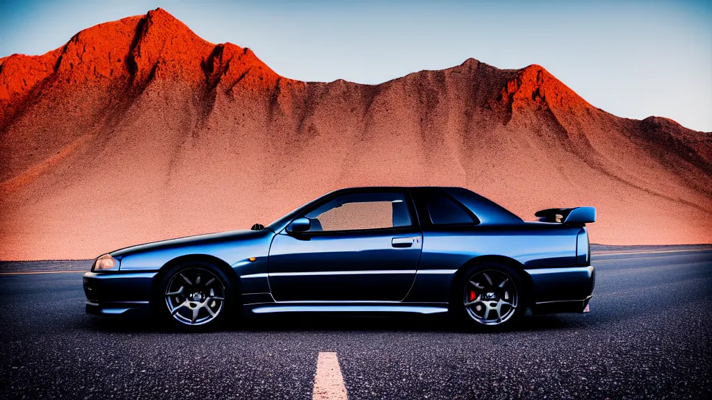 Image similar to three quarter front photo of a stock dark grey nissan r 3 2 skyline gtr on a road in a desert with a mountain in the background in the early morning, car photography, depth of field, zoom lens, blue hour, photorealistic