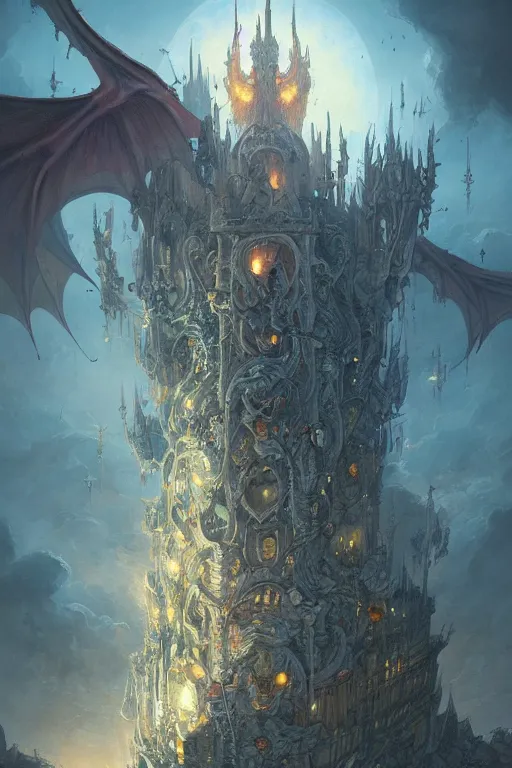 Image similar to !dream Detailed Exterior Shot of Dragon head Tower of Alexandria, light of sorrow, moonlight shafts, swarm of bats, dim atmosphere, in Style of Peter Mohrbacher, cinematic lighting