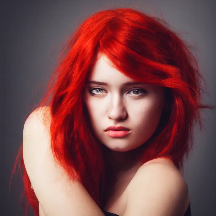 Image similar to Close-up portrait photo of a beautiful girl with red hair , dramatic light, dark background, high quality